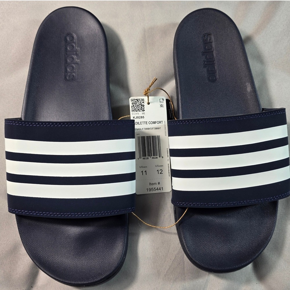 Adidas Adilette Comfort Slides Men 11 Navy Blue White Stripe Sandals KJ0285 NEW